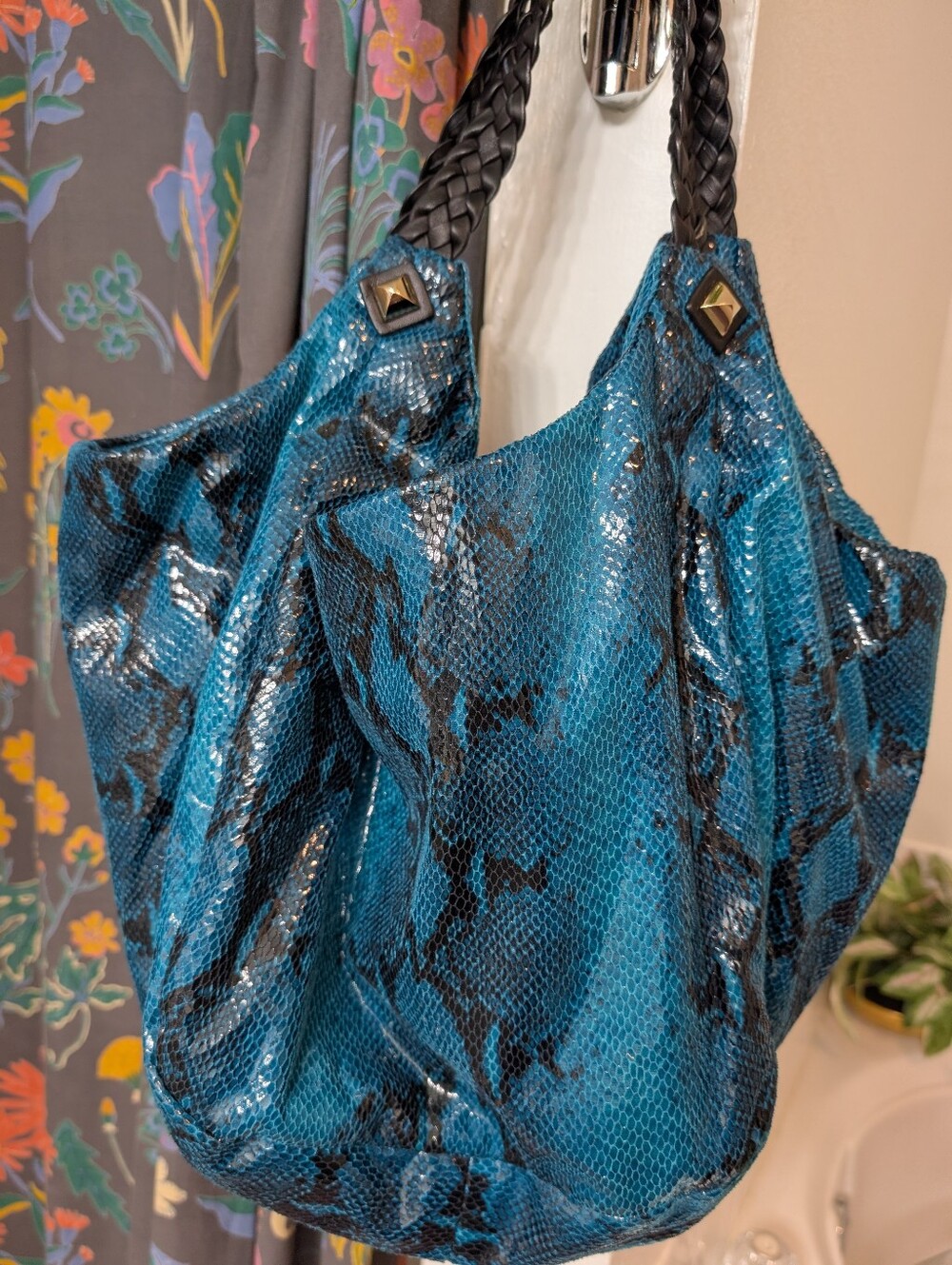 Giani Bini Teal Snake-Print Hobo Bag with Braided Handles